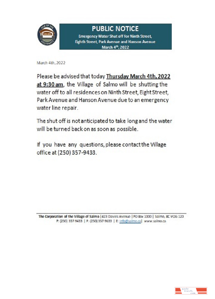 Canada British Columbia Hub of the Salmo Kootenays utility shut off notice